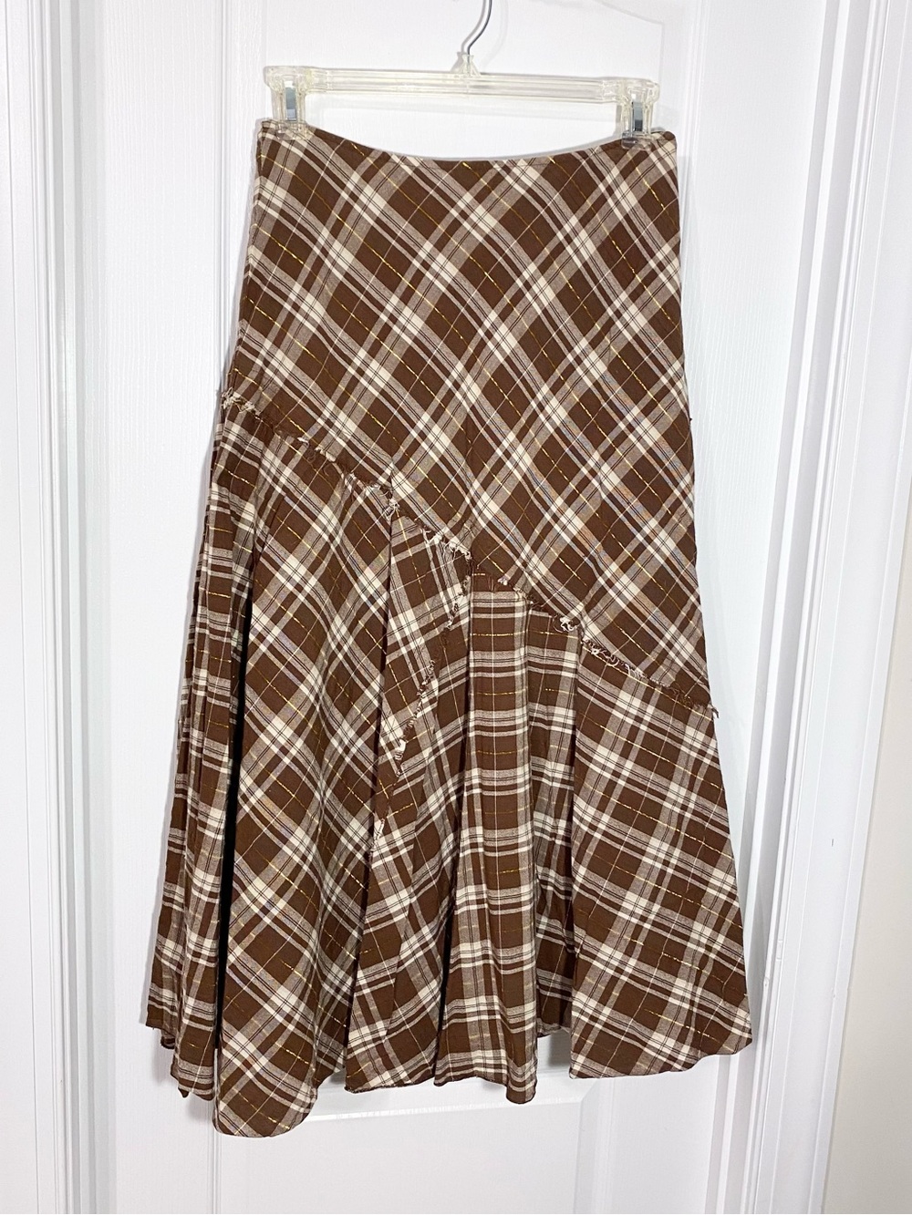 Y2K VTG Mix Nouveau Metallic Plaid Bias Cut Midi Skirt Brown Size Large